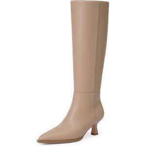 Women's Nude Pu Kitten Low Heel Toe Side Zipper Long Tall Knee High Boots